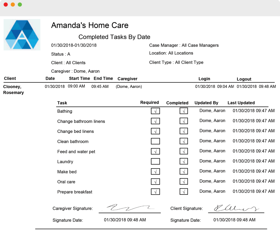 screenshot of Generations Homecare System